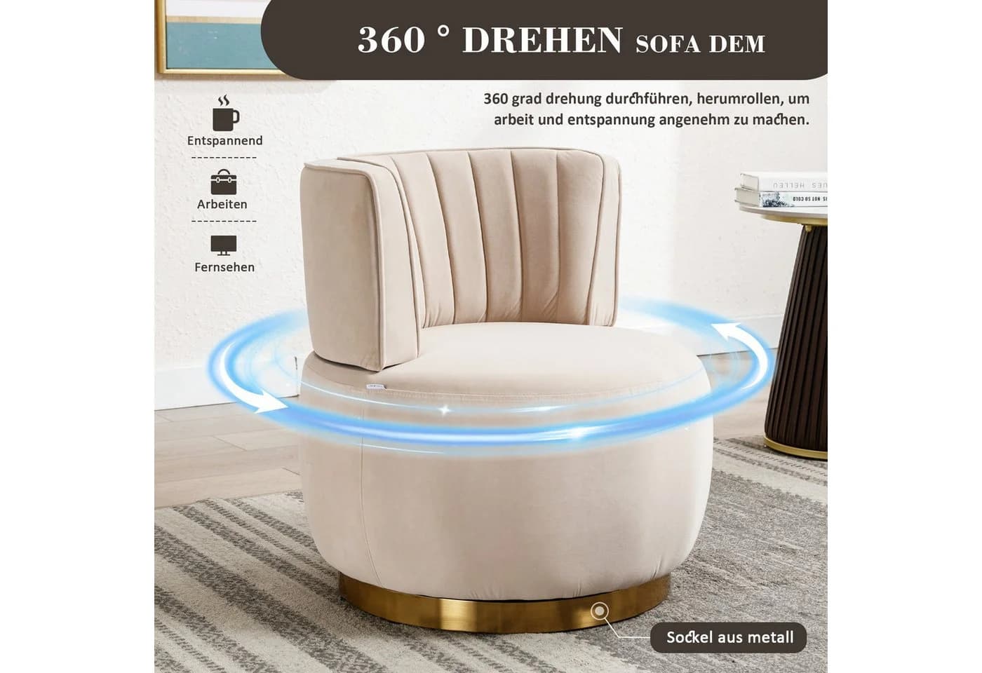 LVHOM Drehsessel 360° Beige Samt Ergonomisch - Bild 4