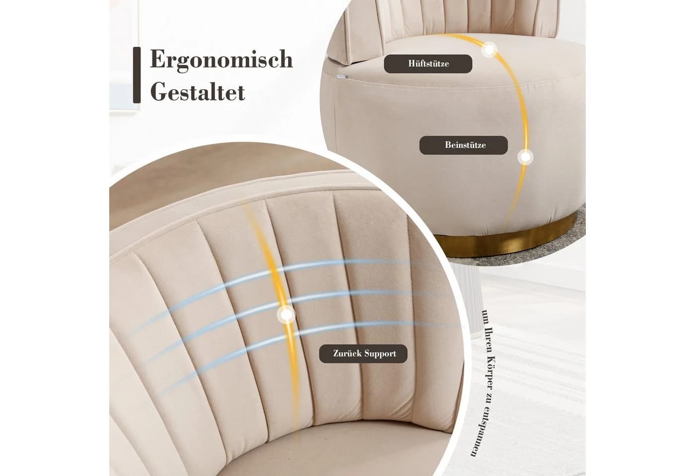 LVHOM Drehsessel 360° Beige Samt Ergonomisch - Bild 5