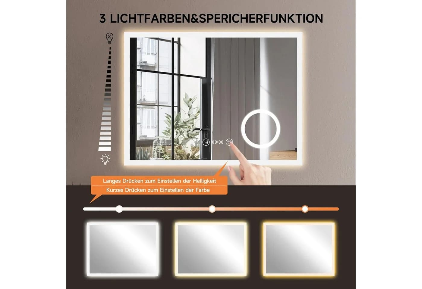 YOLEO Badspiegel LED mit 3 Lichtfarben und Touch-Steuerung - Bild 4