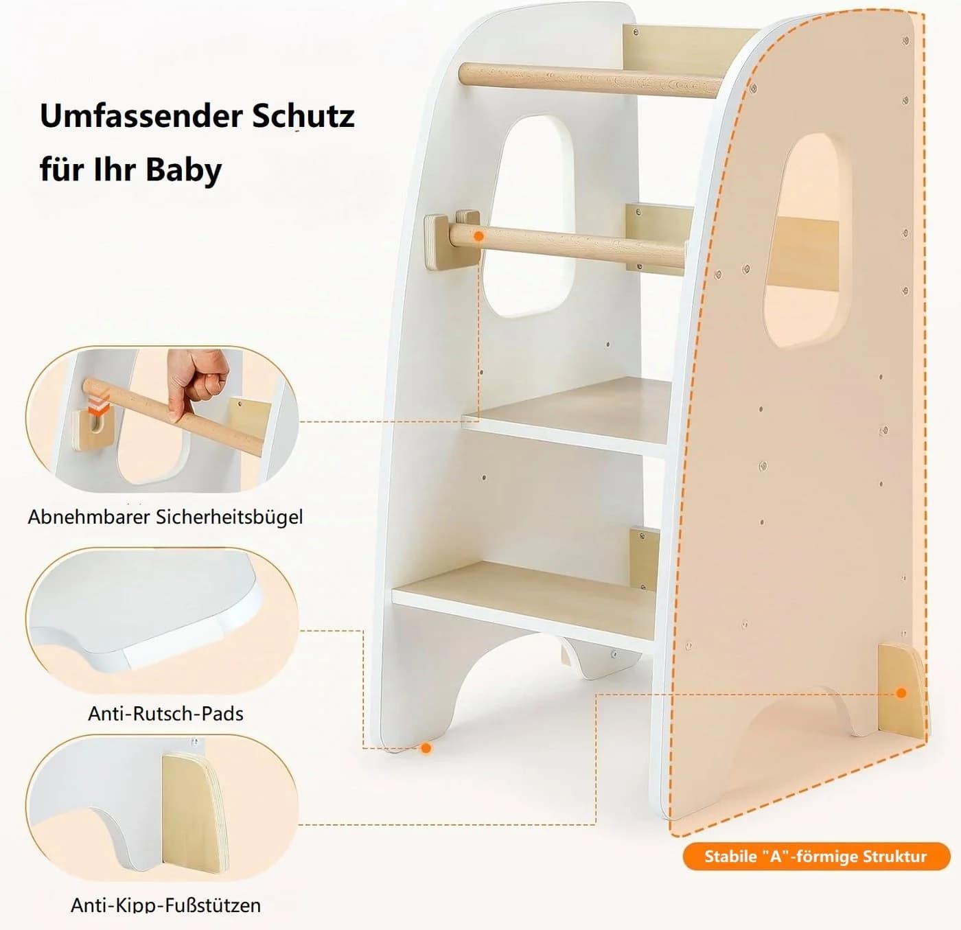 OUNUO Tritthocker Lernturm Höhenverstellbar Schwarz/Weiß Holz