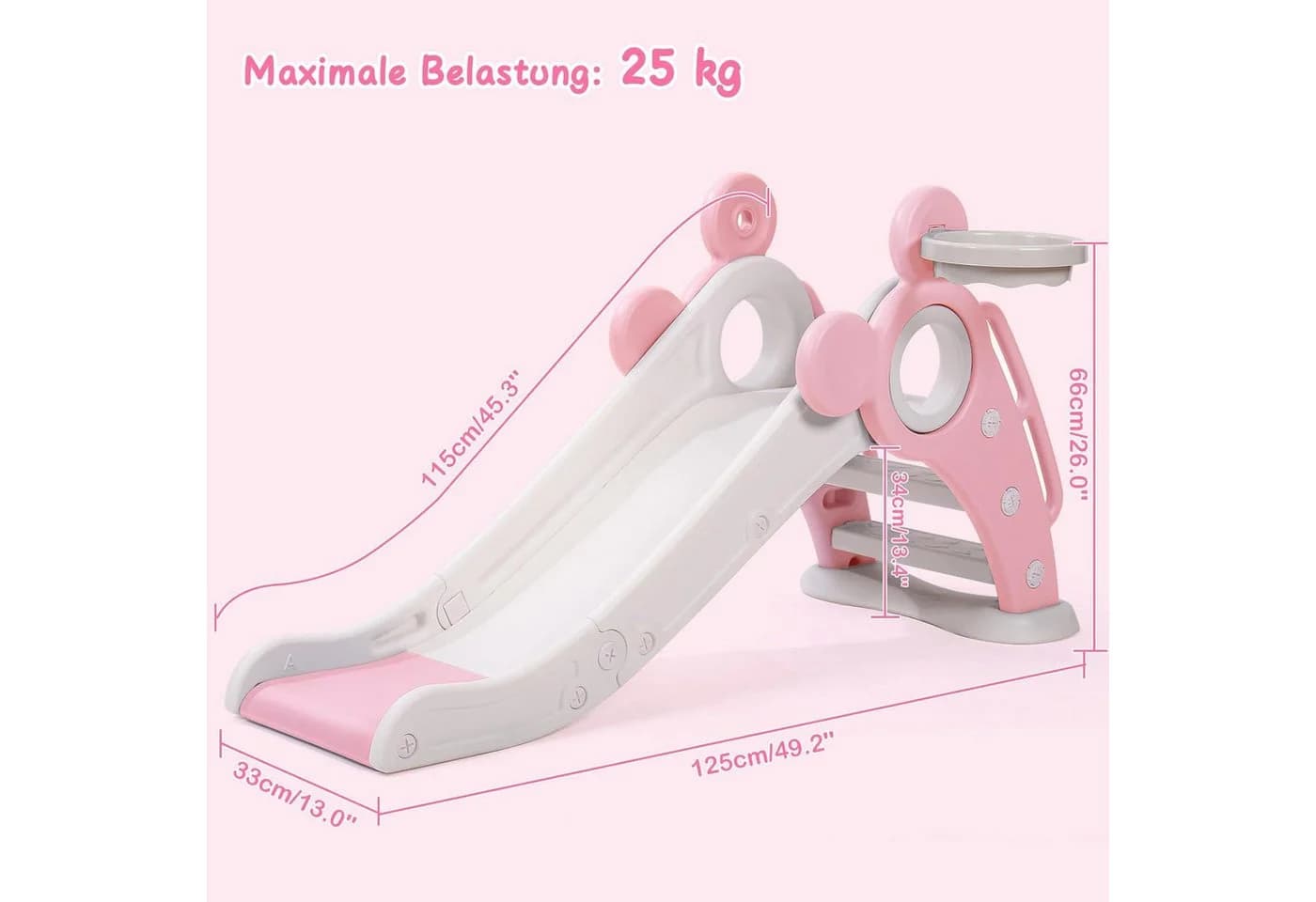 OUNUO Kinderrutsche Faltbar Rosa mit Basketballkorb