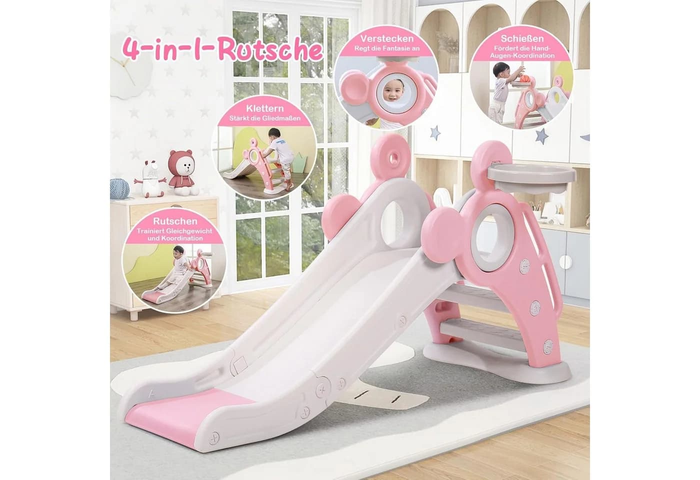 OUNUO Kinderrutsche Faltbar Rosa mit Basketballkorb - Bild 5