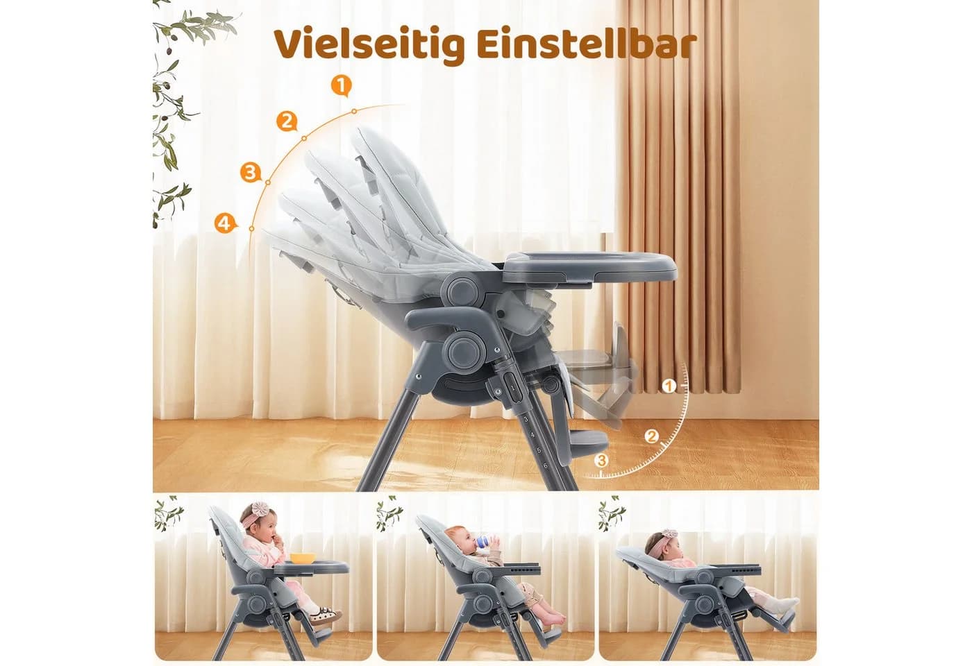 OUNUO Kinderstuhl Baby Stuhl Klappbarer und Verstellbar Kinderstuhl 6 Höhen Grau/Grün - Bild 4