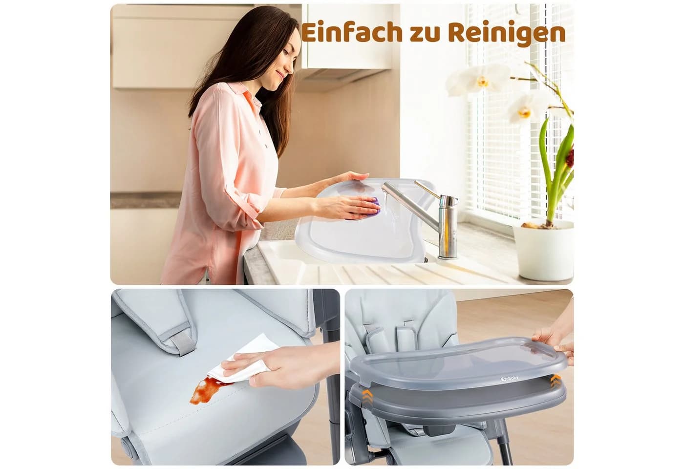 OUNUO Kinderstuhl Baby Stuhl Klappbarer und Verstellbar Kinderstuhl 6 Höhen Grau/Grün - Bild 5