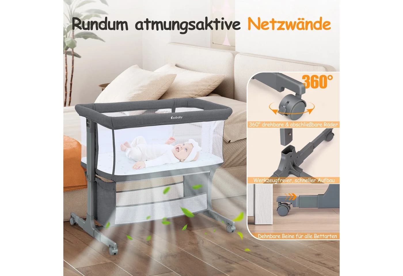 Modernes Beistellbett in Dunkelgrau und Hellgrau - Bild 4