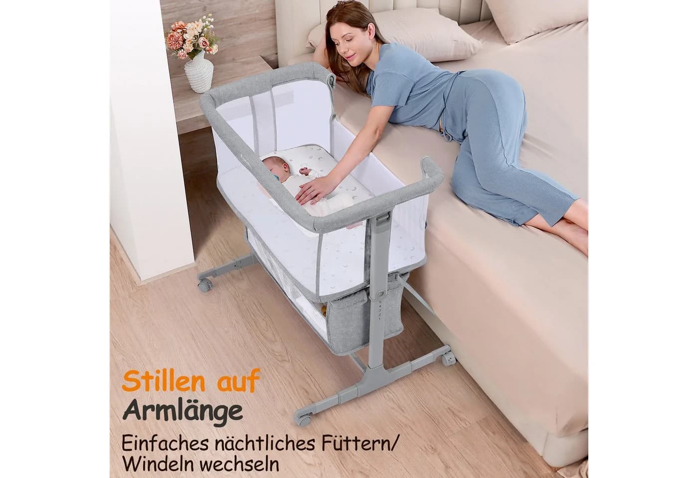 OUNUO Beistellbett für Neugeborene mit Rädern, Aufbewahrungskorb, Matratze Dunkelgrau/Hellgrau - Bild 3