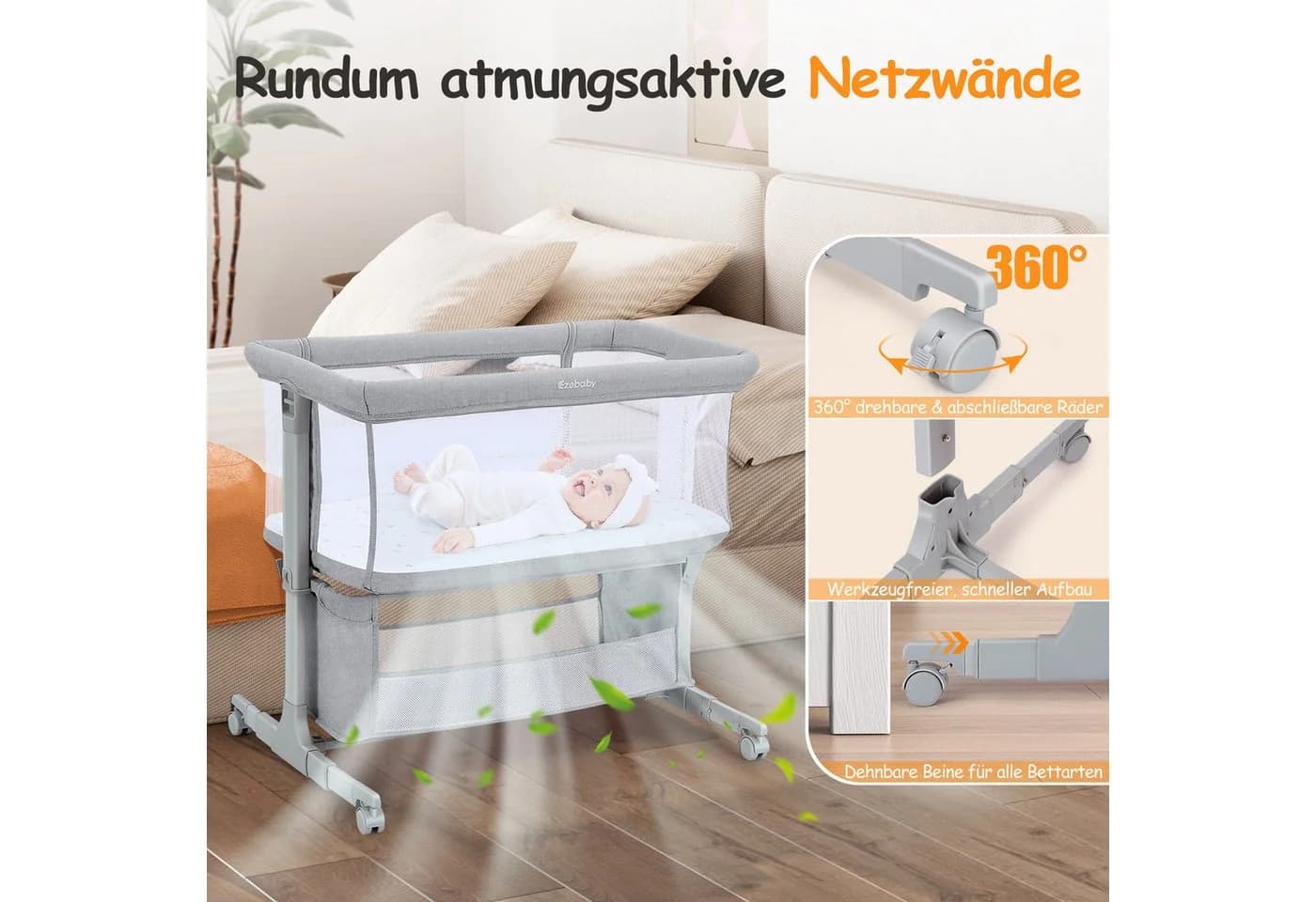 OUNUO Beistellbett für Neugeborene mit Rädern, Aufbewahrungskorb, Matratze Dunkelgrau/Hellgrau - Bild 4