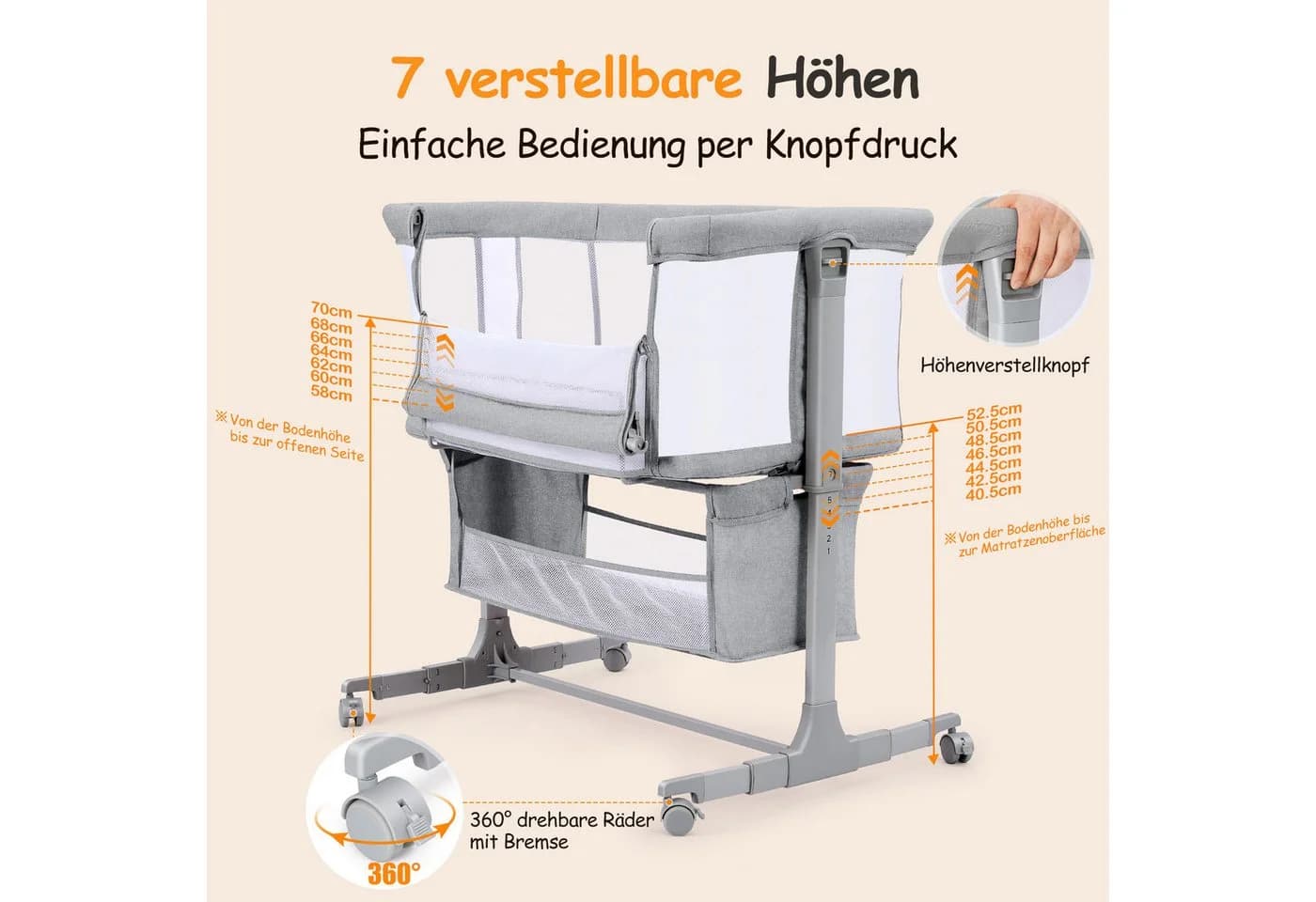 OUNUO Beistellbett für Neugeborene mit Rädern, Aufbewahrungskorb, Matratze Dunkelgrau/Hellgrau - Bild 5