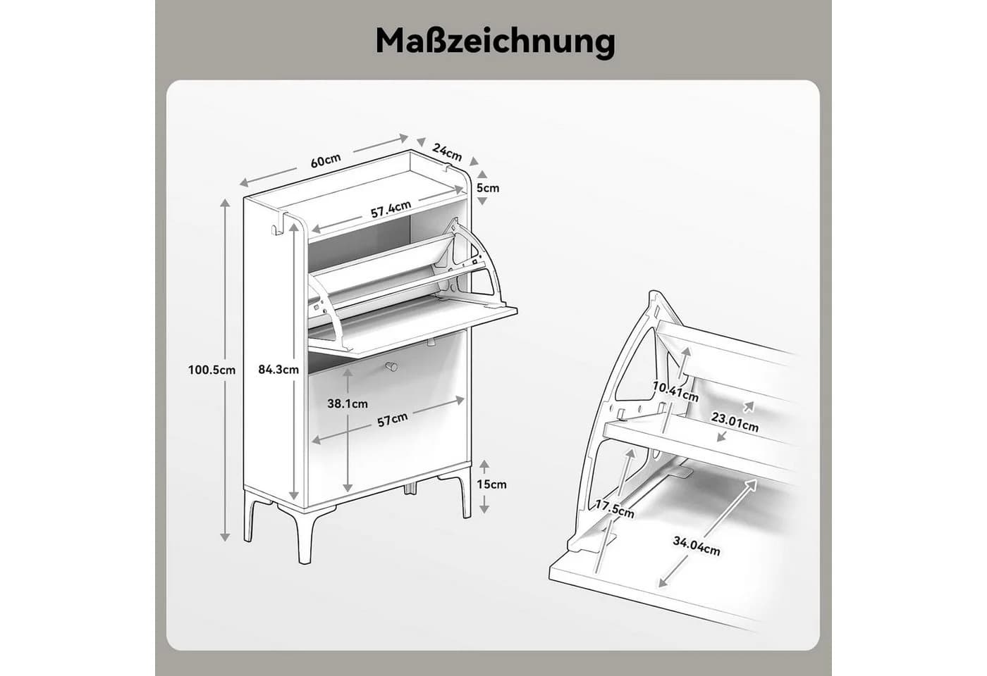 Dripex Schuhschrank mit 2 klappbaren Schubladen und Metallfüßen, verstellbare Fächer Weiß