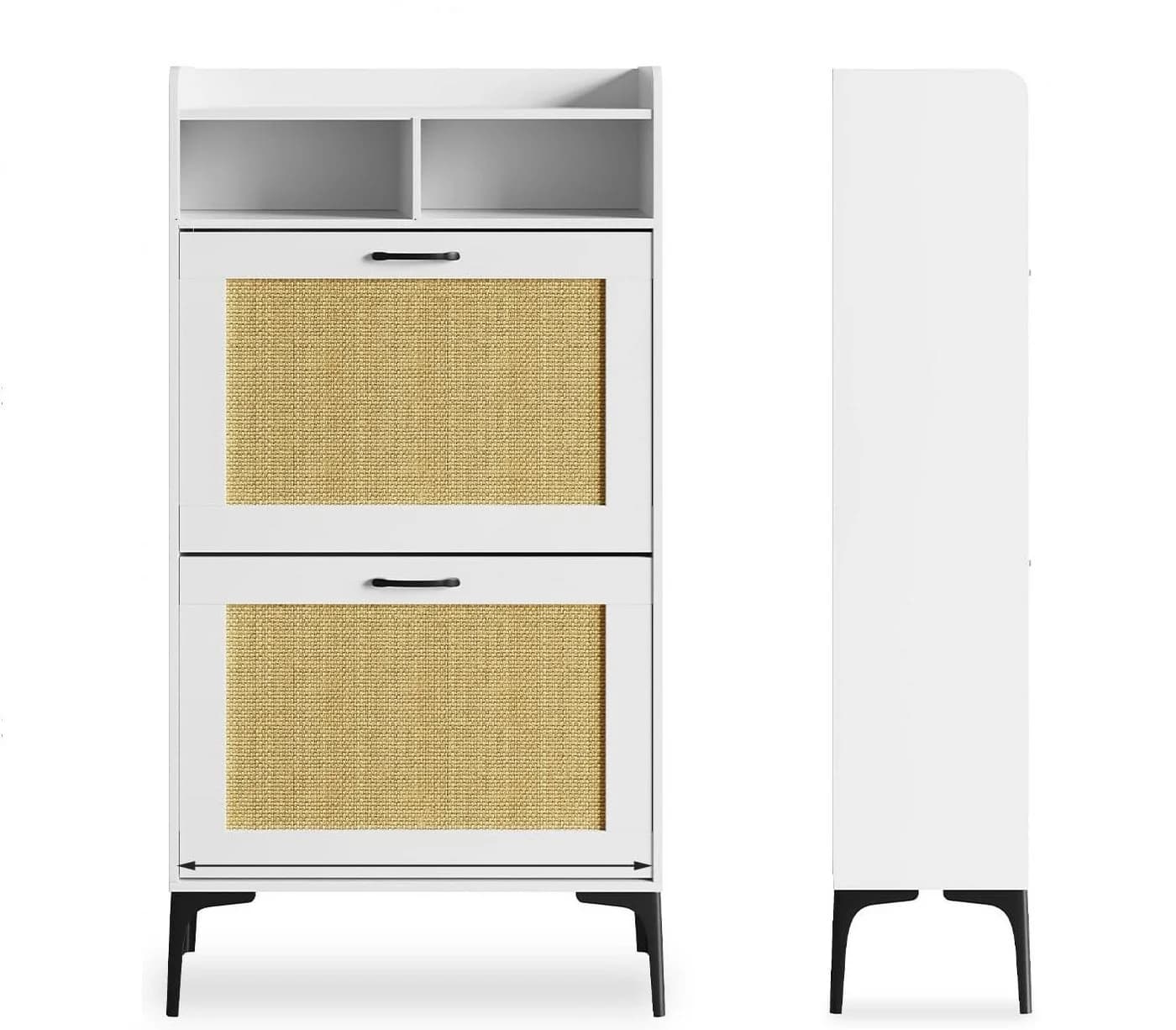 OUNUO Schuhschrank mit Rattan-Dekoration, 2 klappbare Schubladen, Metallfüßen - Bild 2