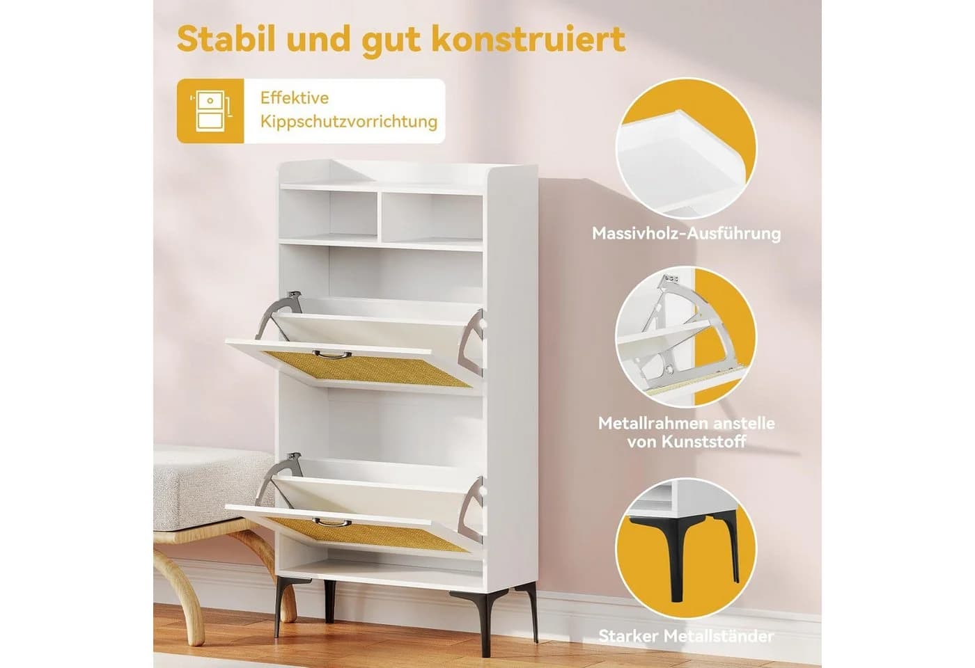OUNUO Schuhschrank mit Rattan-Dekoration, 2 klappbare Schubladen, Metallfüßen - Bild 5