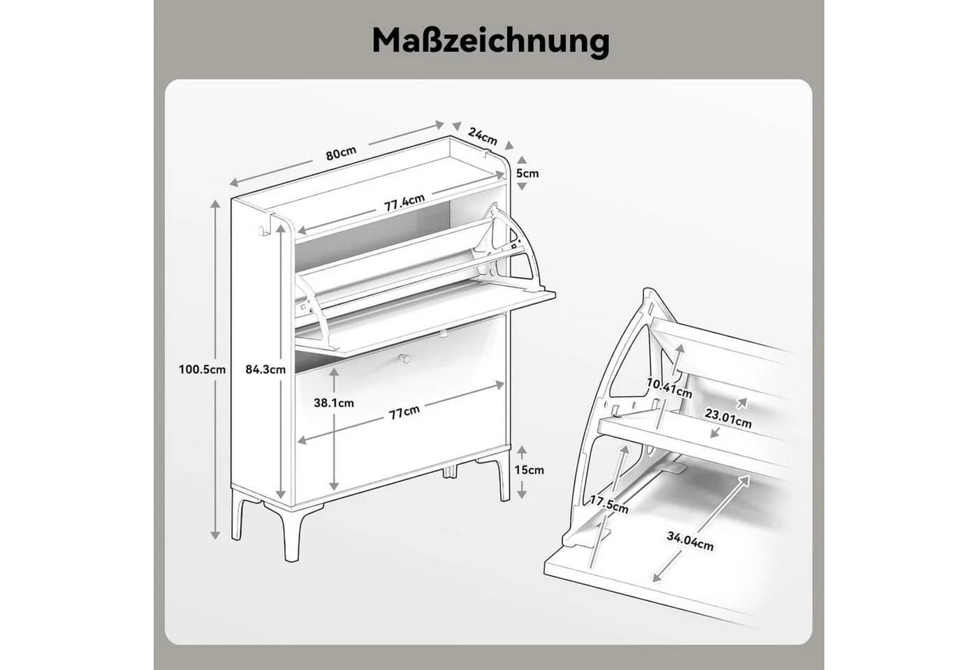 OUNUO Schuhschrank mit Schubladen und Metallfüßen Weiß