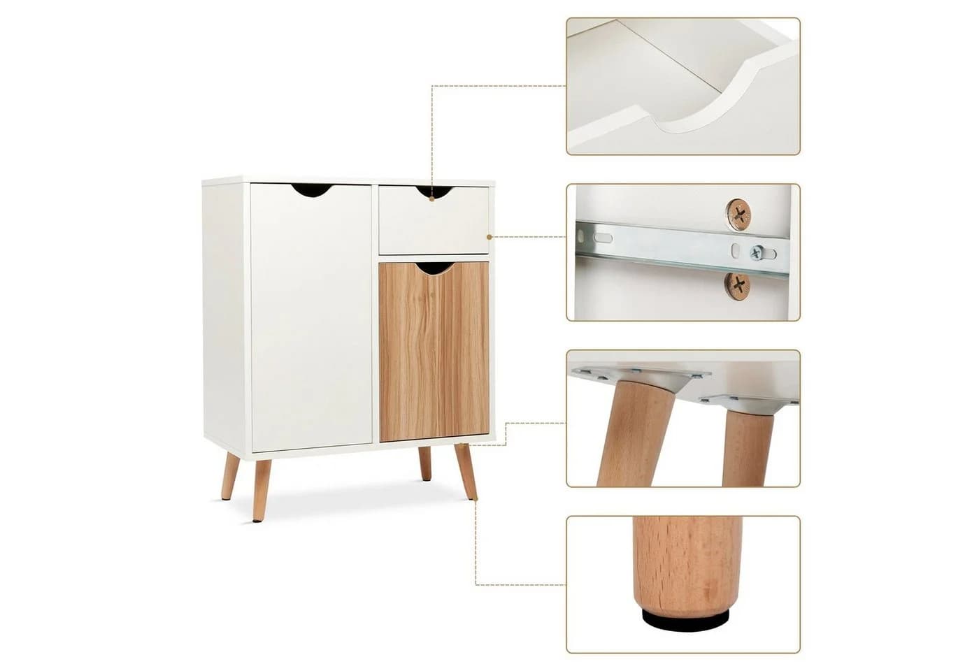 Mondeer Kommode Beistellschrank 1 Schublade 2 Türen Weiß + Eiche - Bild 3