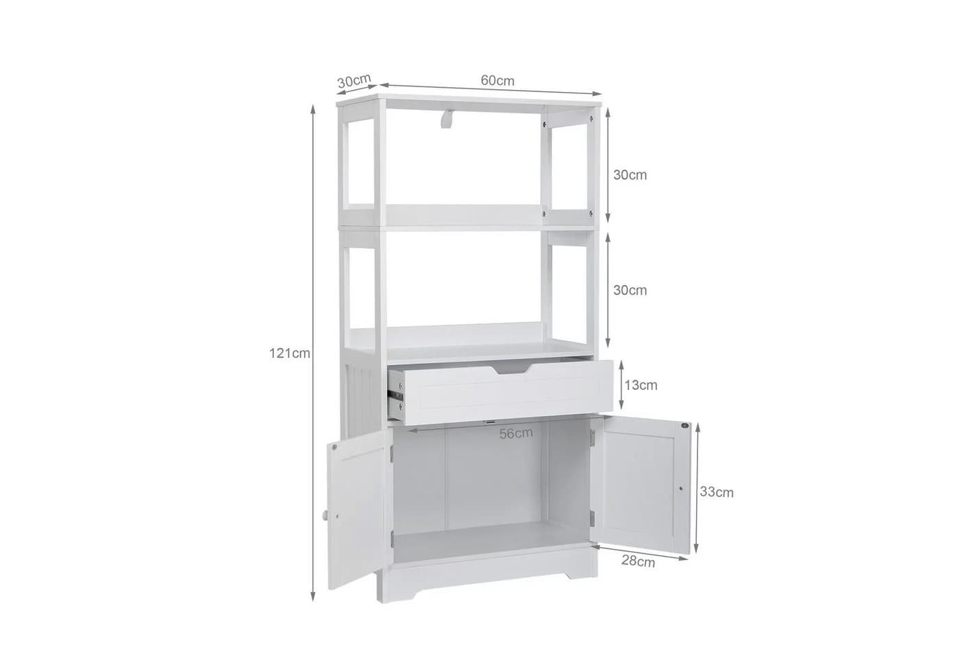 Mondeer Badezimmerschrank Badschrank Aufbewahrungsschrank 60 x 30 x 121cm Weiß - Bild 4