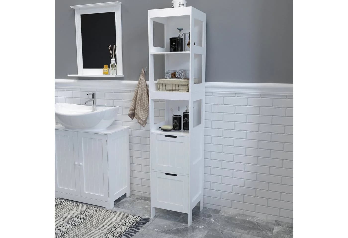 Mondeer Badezimmerschrank Hochschrank Badschrank 2 Schubladen 3 Regale