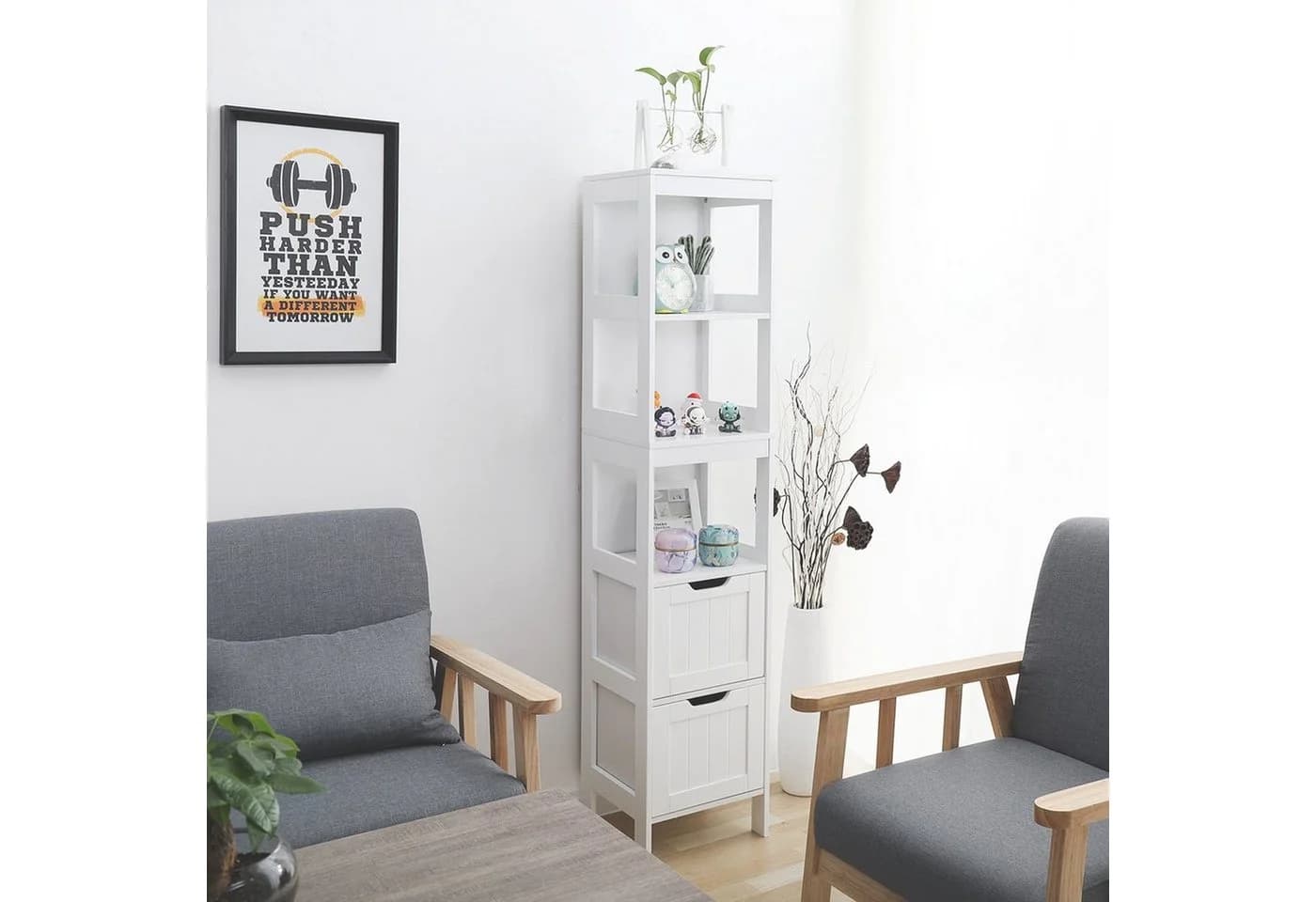 Mondeer Badezimmerschrank Hochschrank Badschrank 2 Schubladen 3 Regale - Bild 5