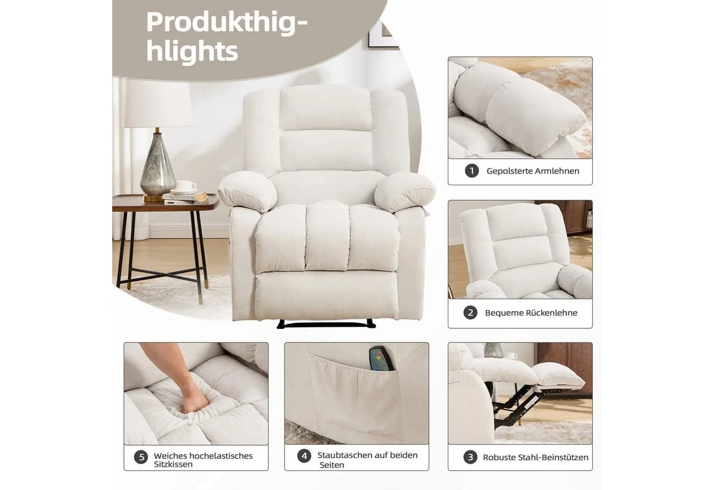 Bonzy Home Massagesessel Relaxsessel Beige mit Massage und Wärmefunktion - Bild 3