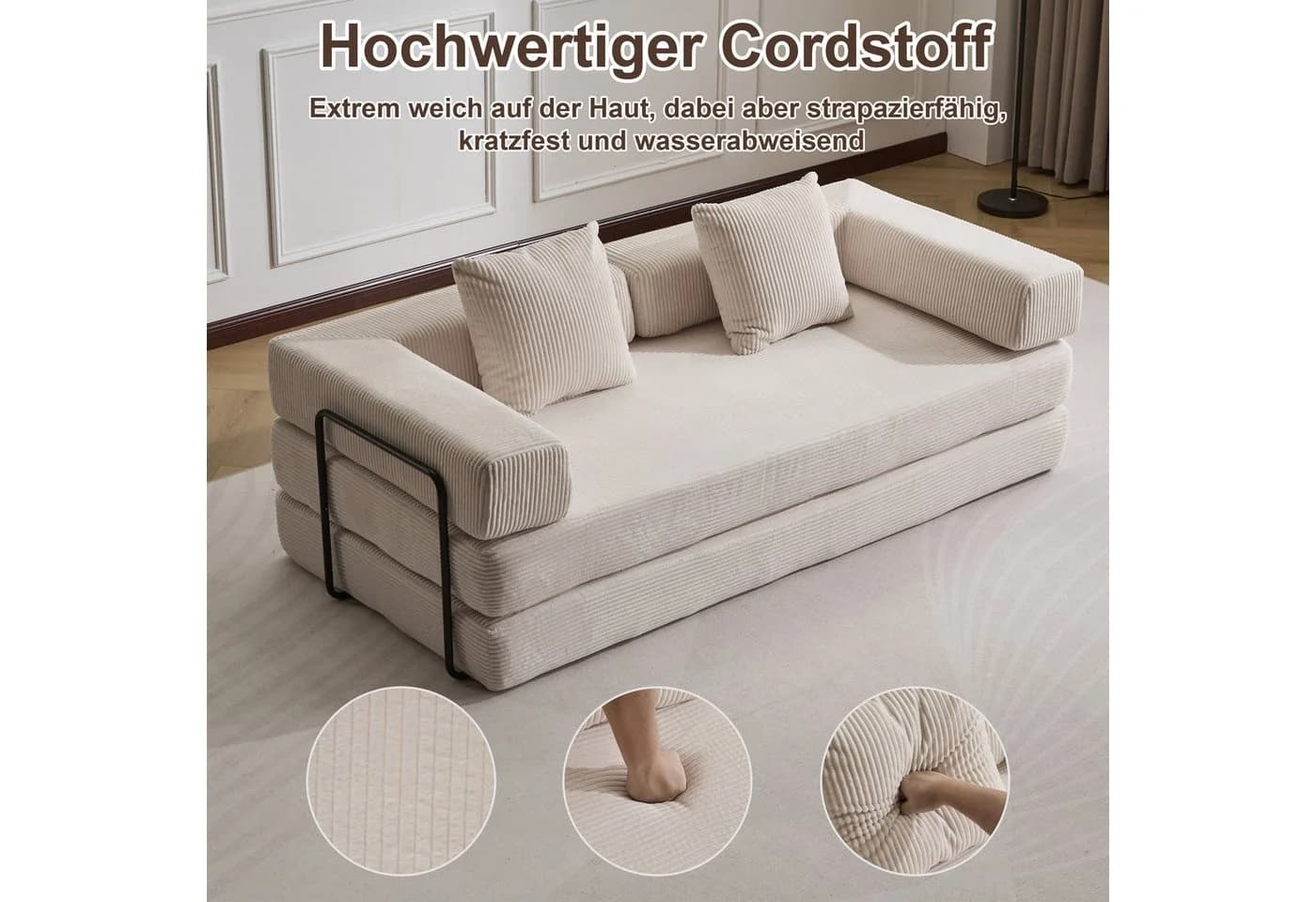 Leawin 4-in-1 Schlafsofa Cord Beige faltbar - Bild 3