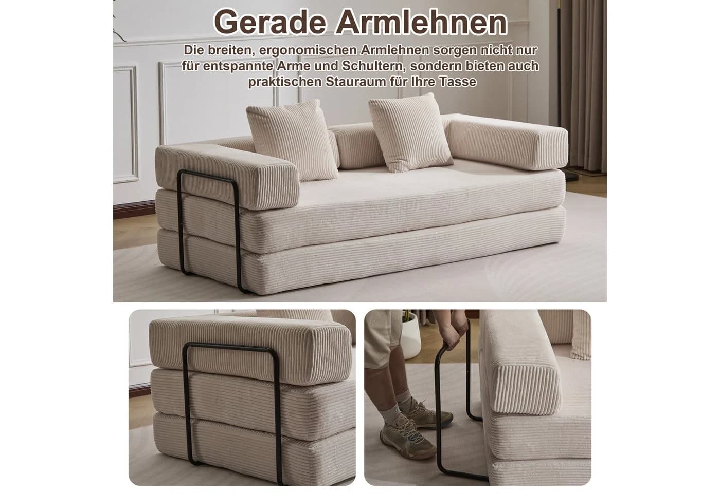 Leawin 4-in-1 Schlafsofa Cord Beige faltbar - Bild 5