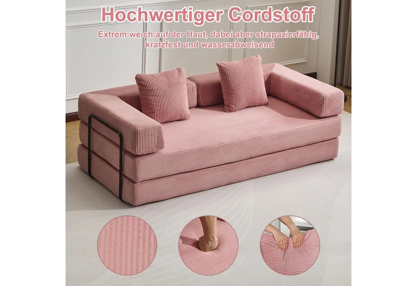Leawin 4-in-1 Schlafsofa Rosa Cord mit Bettfunktion - Bild 3