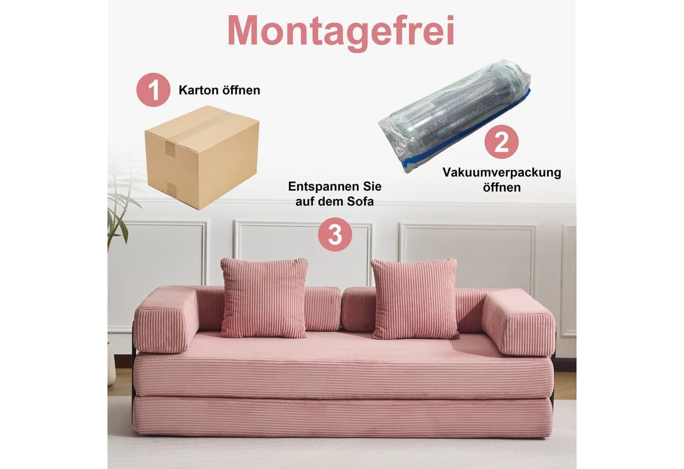 Leawin 4-in-1 Schlafsofa Rosa Cord mit Bettfunktion - Bild 5