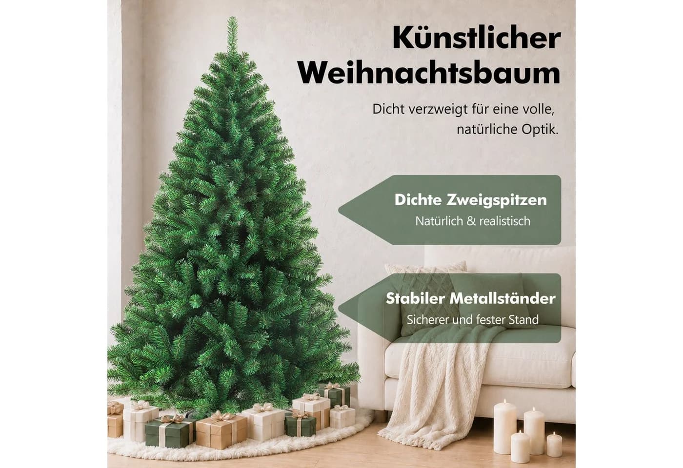 MIUI Künstlicher Weihnachtsbaum 180/210 cm PVC Nordmanntanne Warmweiße LED-Beleuchtung - Bild 4