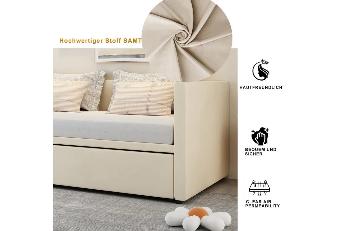 Simurq Schlafsofa Beige Samt Ausziehbar mit Lattenrost