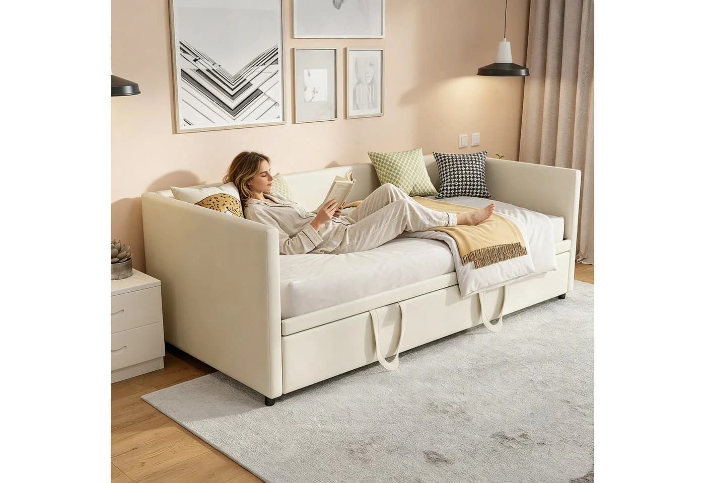 Simurq Schlafsofa Beige Samt Ausziehbar mit Lattenrost - Bild 3