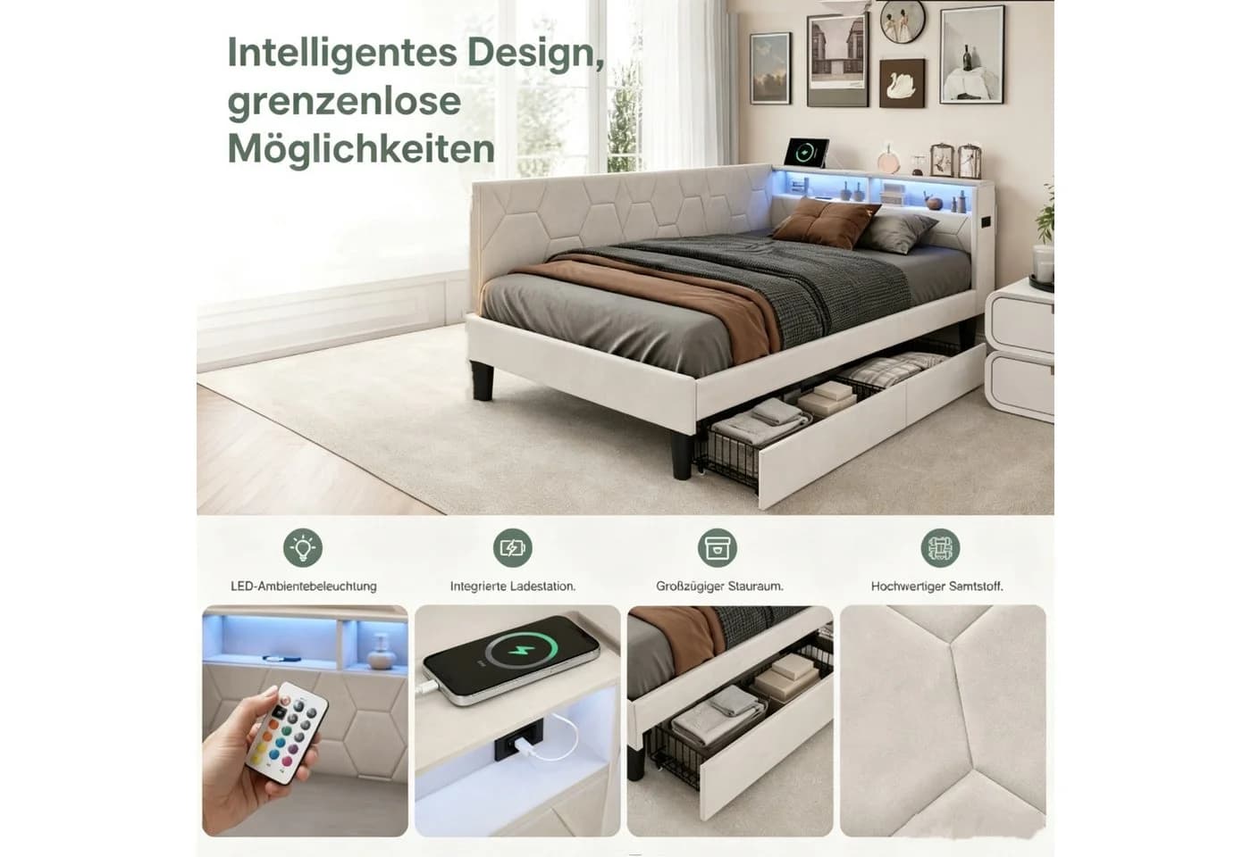 Simurq Daybed Tagesbett 90x200 Beige mit Schubladen, LED & USB