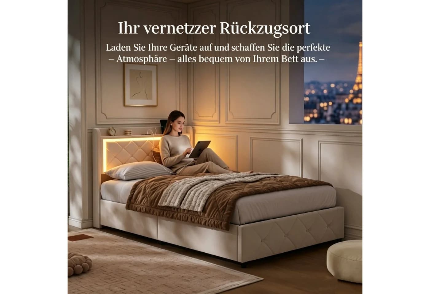 Simurq Polsterbett 90x200 Beige mit Bettkasten und LED-Beleuchtung