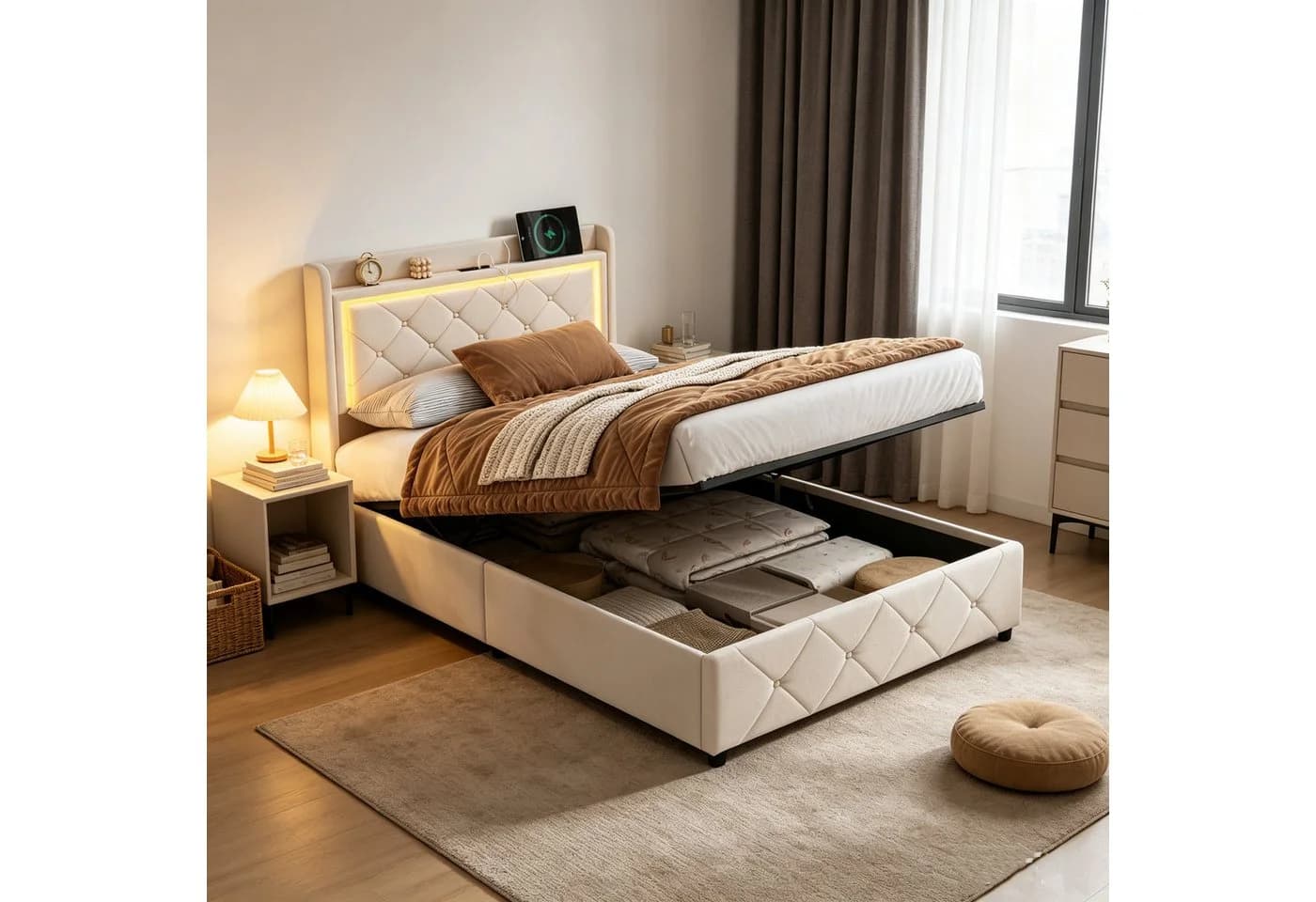 Simurq Polsterbett 90x200 Beige mit Bettkasten und LED-Beleuchtung - Bild 2