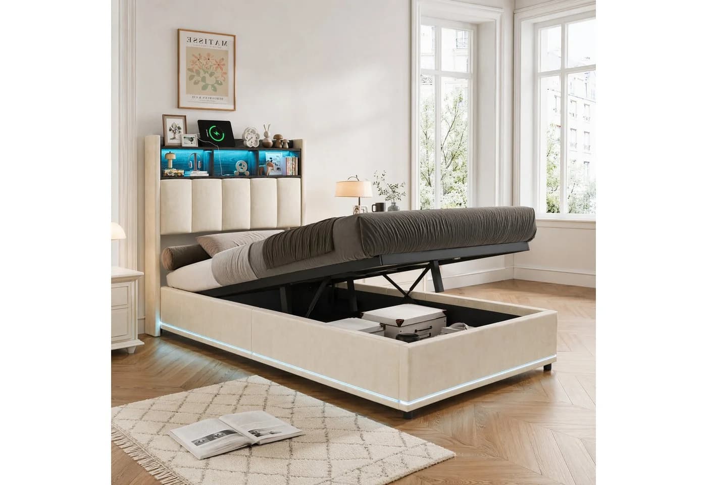 Simurq Polsterbett 90x200 mit Bettkasten und LED-Beleuchtung Beige - Bild 2