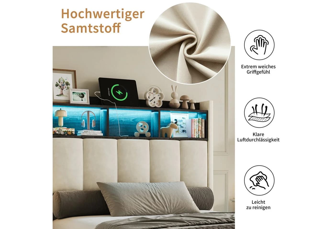 Simurq Polsterbett 90x200 mit Bettkasten und LED-Beleuchtung Beige - Bild 4