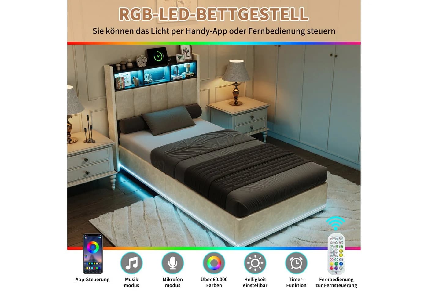 Simurq Polsterbett 90x200 mit Bettkasten und LED-Beleuchtung Beige - Bild 5
