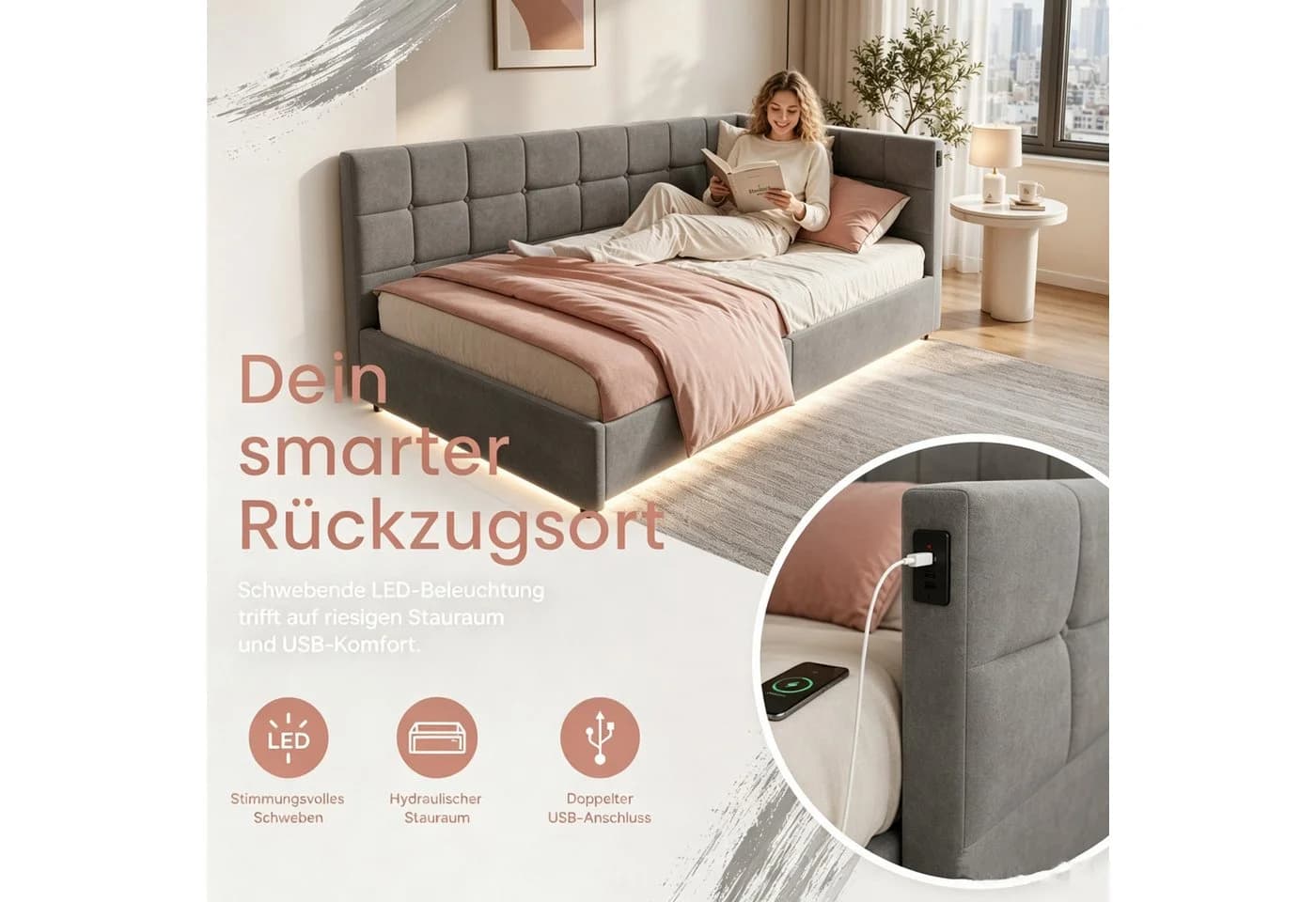Simurq Daybed Tagesbett 90x200 mit Stauraum, Samt grau, LED & USB