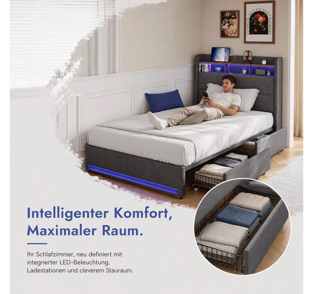 Simurq Einzelbett Polsterbett Grau mit LED, Schubladen & USB