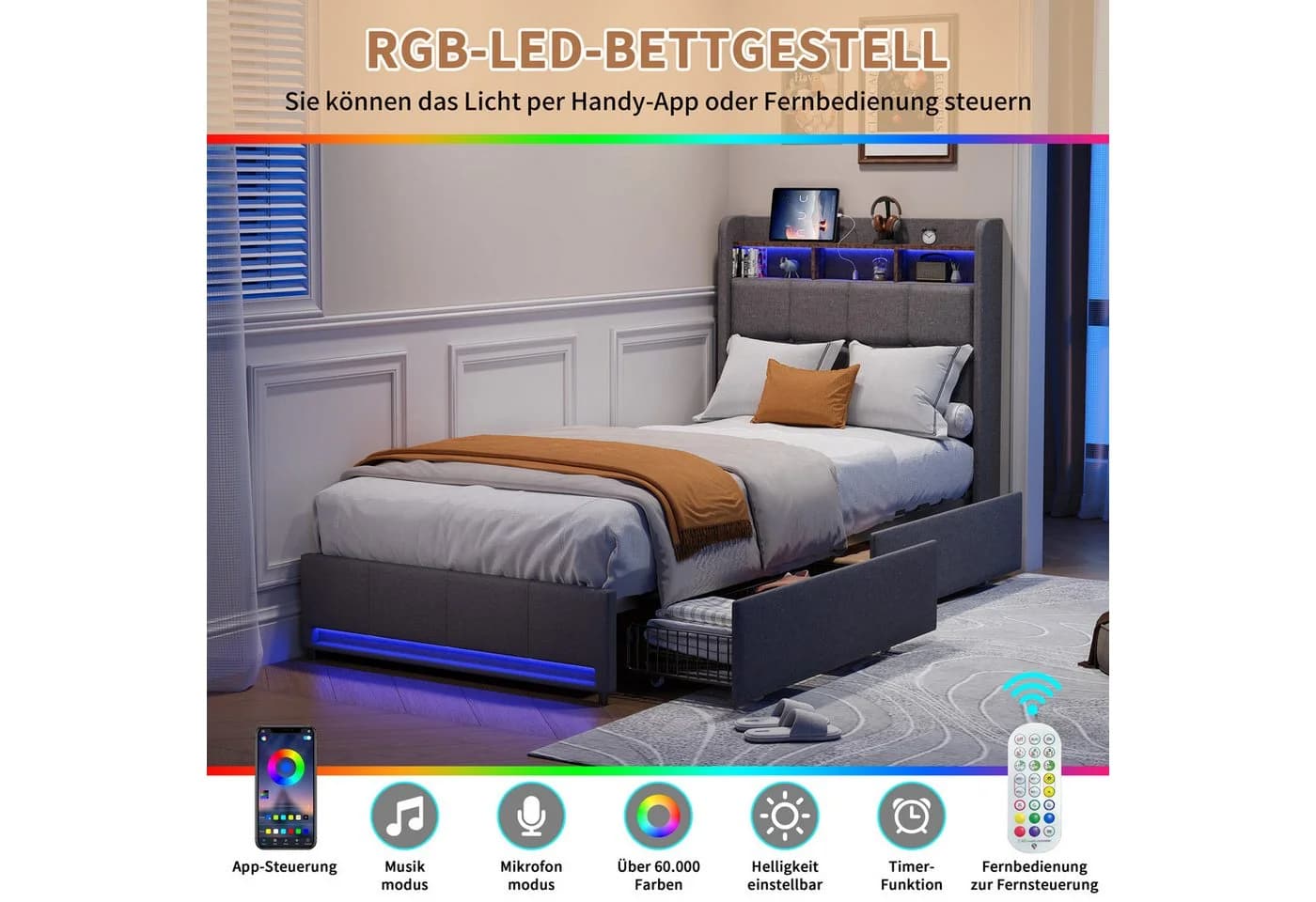 Simurq Einzelbett Polsterbett Grau mit LED, Schubladen & USB - Bild 3