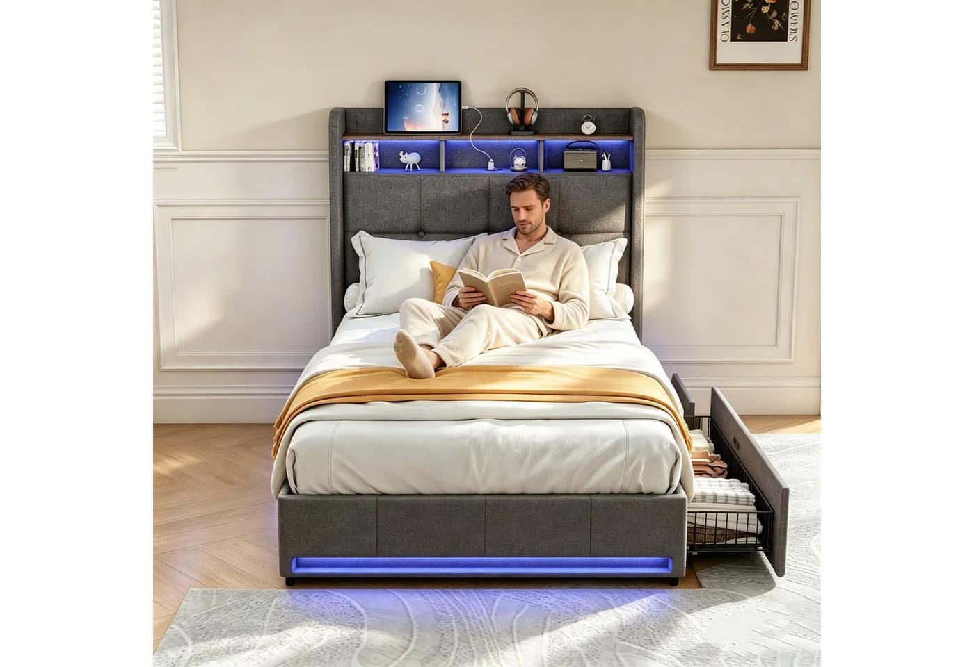 Simurq Einzelbett Polsterbett Grau mit LED, Schubladen & USB - Bild 4