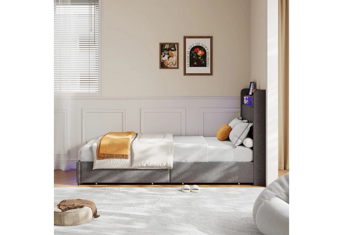 Simurq Einzelbett Polsterbett Grau mit LED, Schubladen & USB - Bild 5
