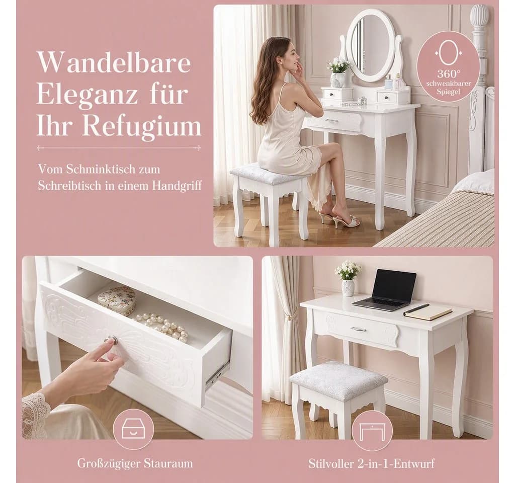 Simurq Schminktisch mit Spiegel und Hocker, 3 Schubladen, Weiß
