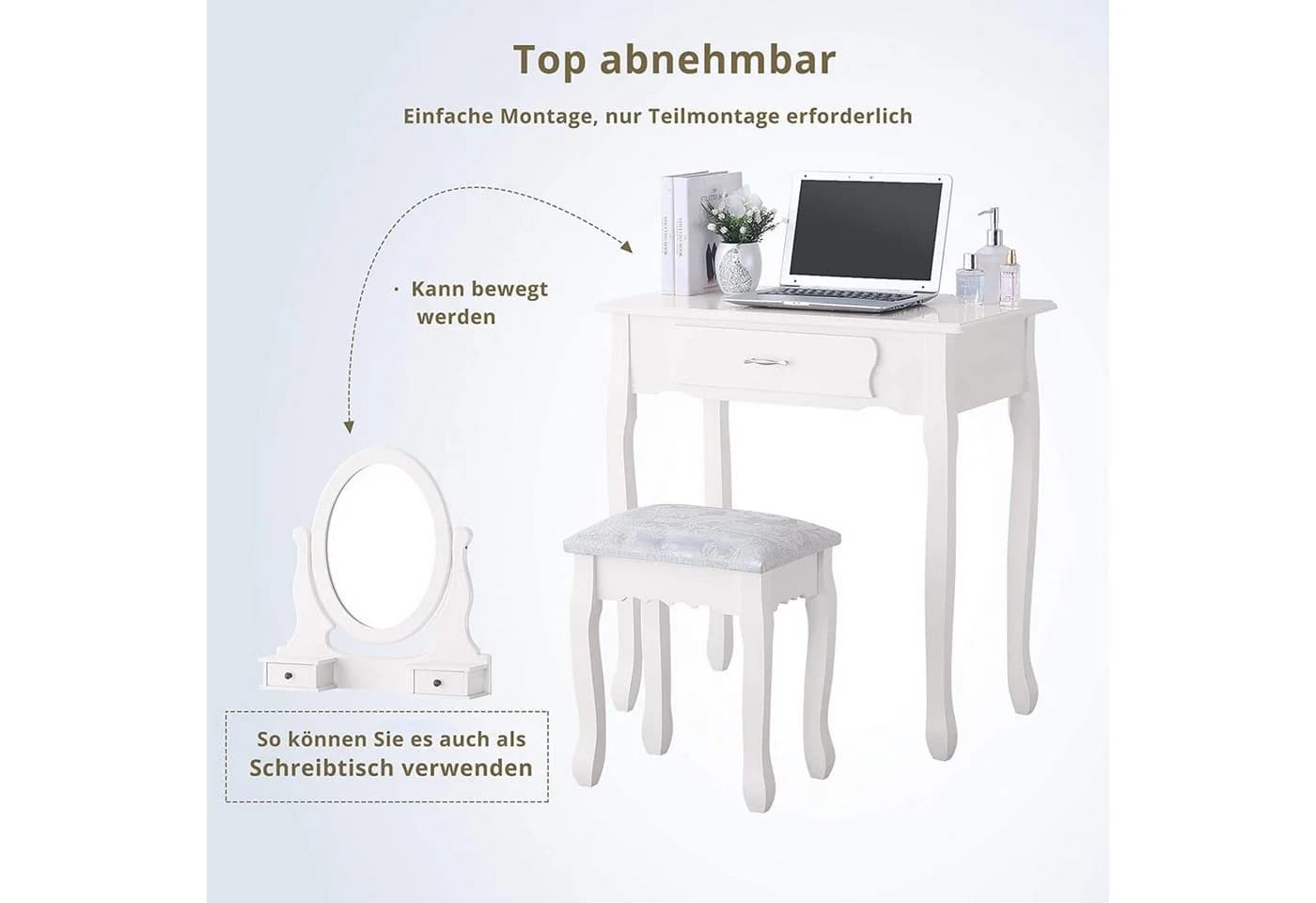 Simurq Schminktisch mit Spiegel und Hocker, 3 Schubladen, Weiß - Bild 4