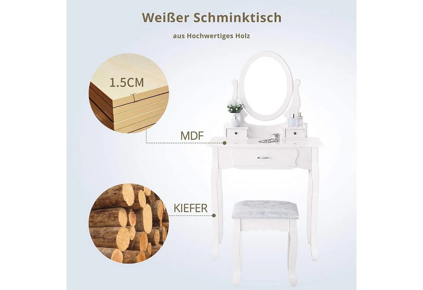 Simurq Schminktisch mit Spiegel und Hocker, 3 Schubladen, Weiß - Bild 5