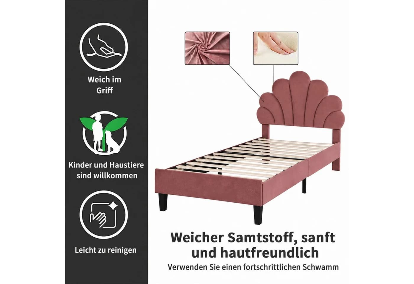 Simurq Samt Polsterbett Einzelbett 90x200 cm Rot Gepolstertes Kopfteil - Bild 5