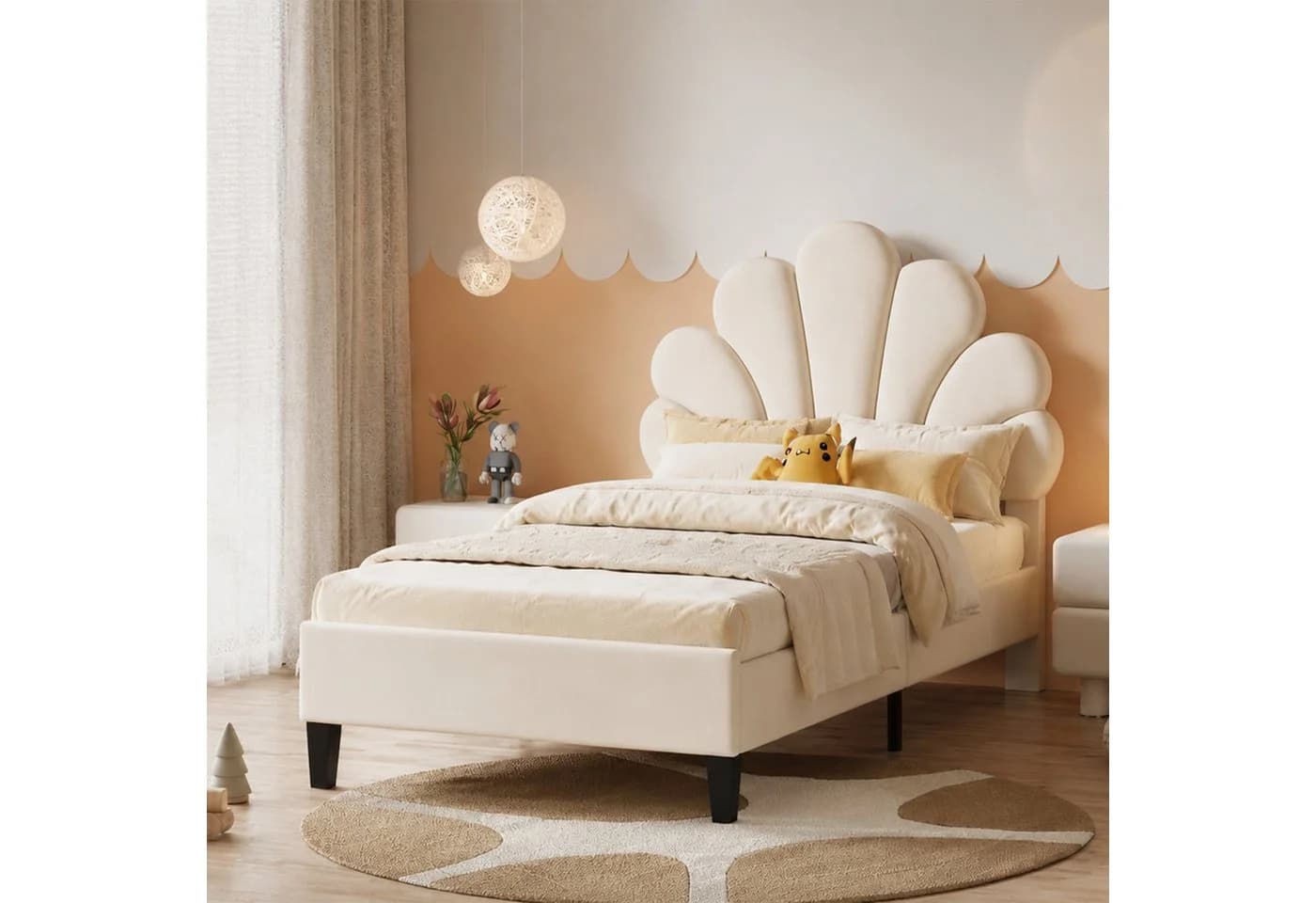 Simurq Einzelbett Polsterbett Samt Beige Höhenverstellbares Kopfteil - Bild 2