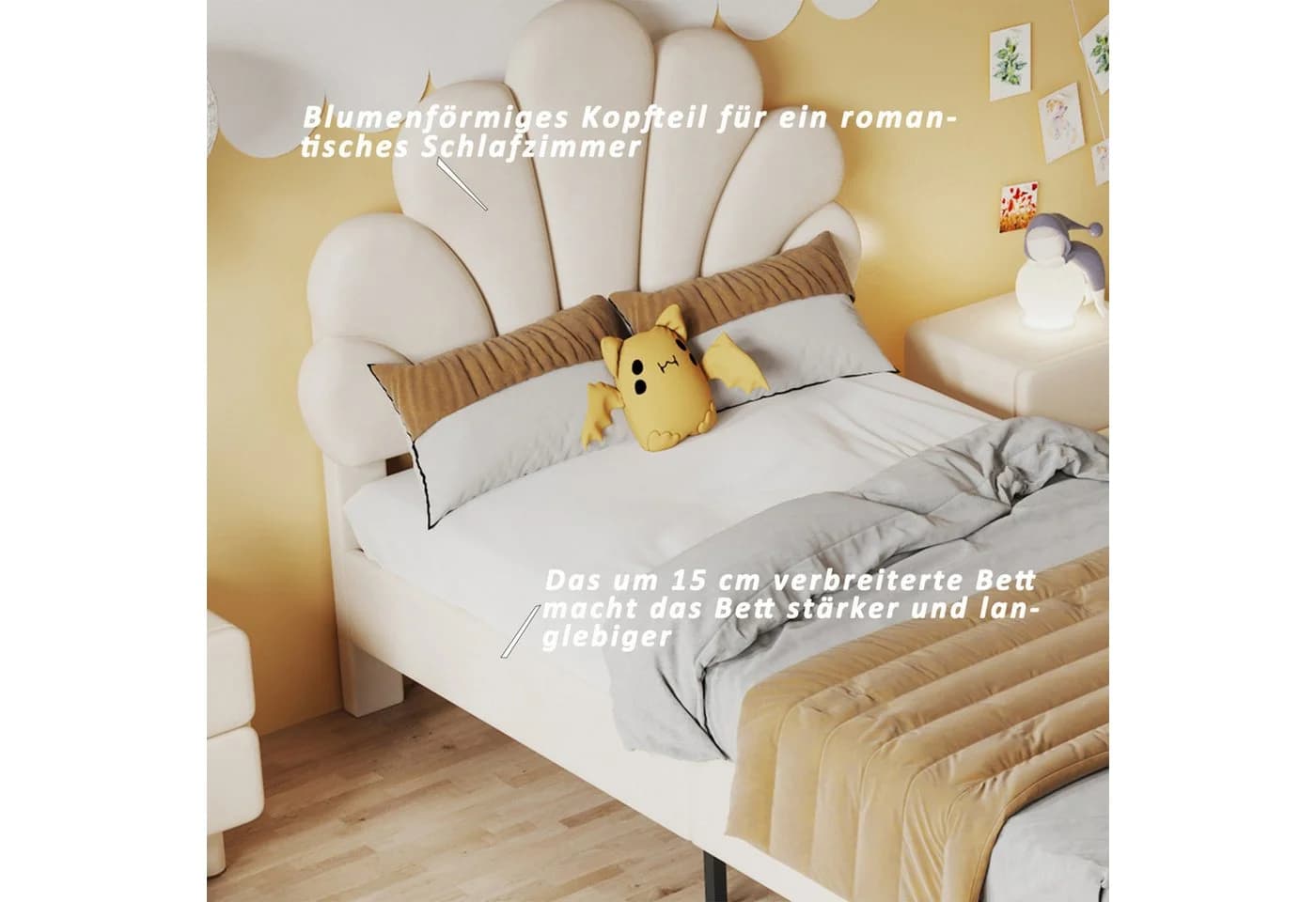 Simurq Einzelbett Polsterbett Samt Beige Höhenverstellbares Kopfteil - Bild 3