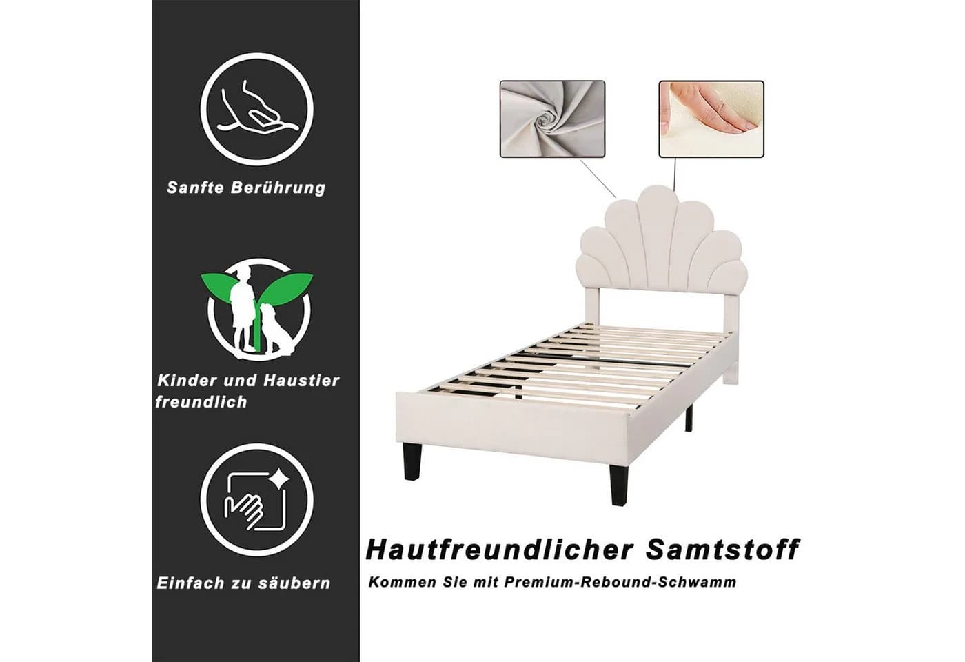 Simurq Einzelbett Polsterbett Samt Beige Höhenverstellbares Kopfteil - Bild 5
