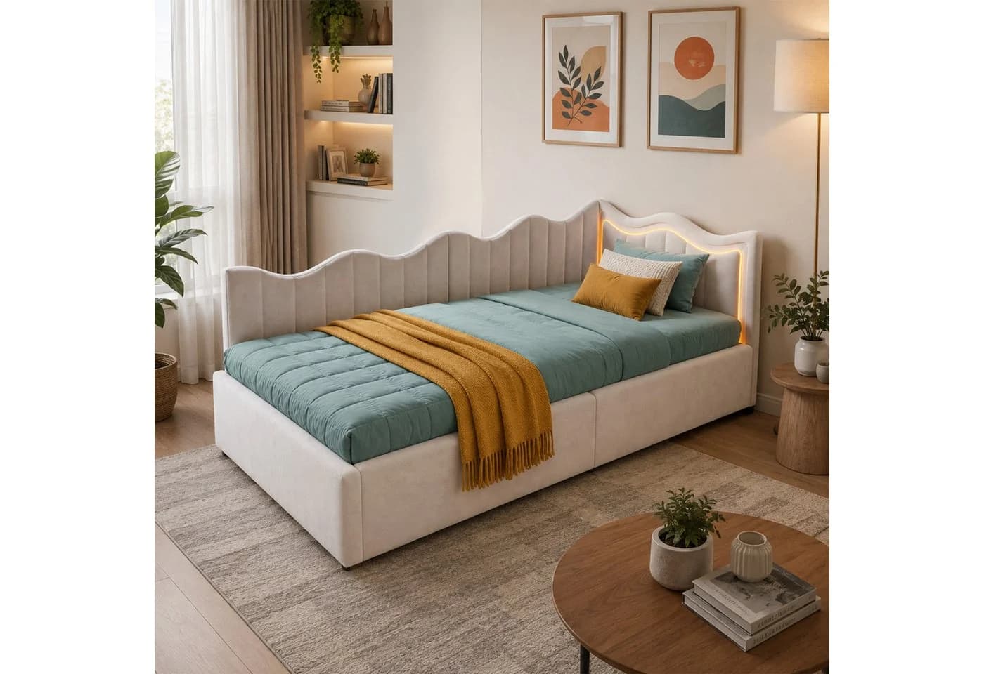 Simurq Stauraumbett Polsterbett 90x200 mit LED-System
