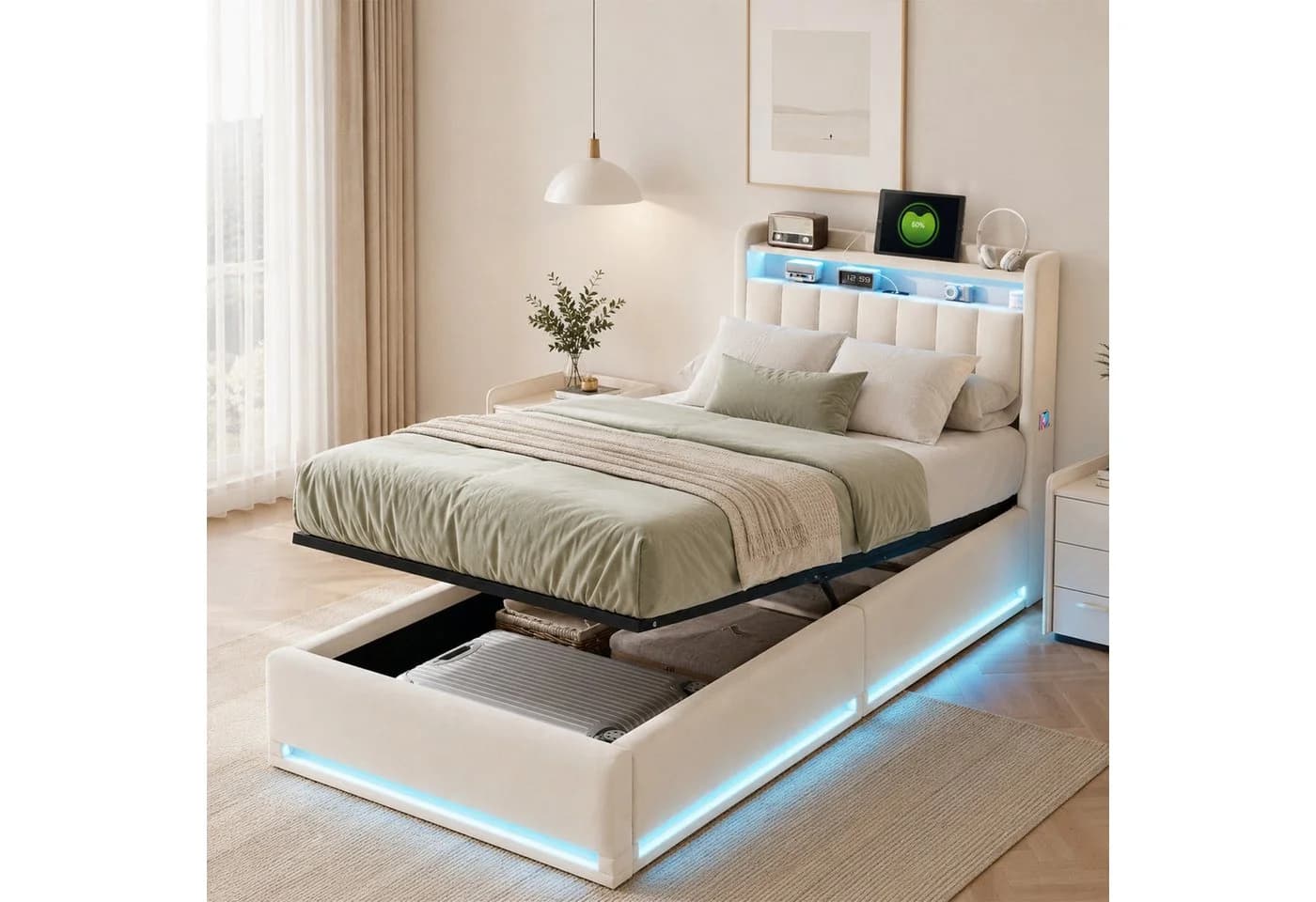 Simurq Polsterbett 90x200 mit Stauraum, LED & USB