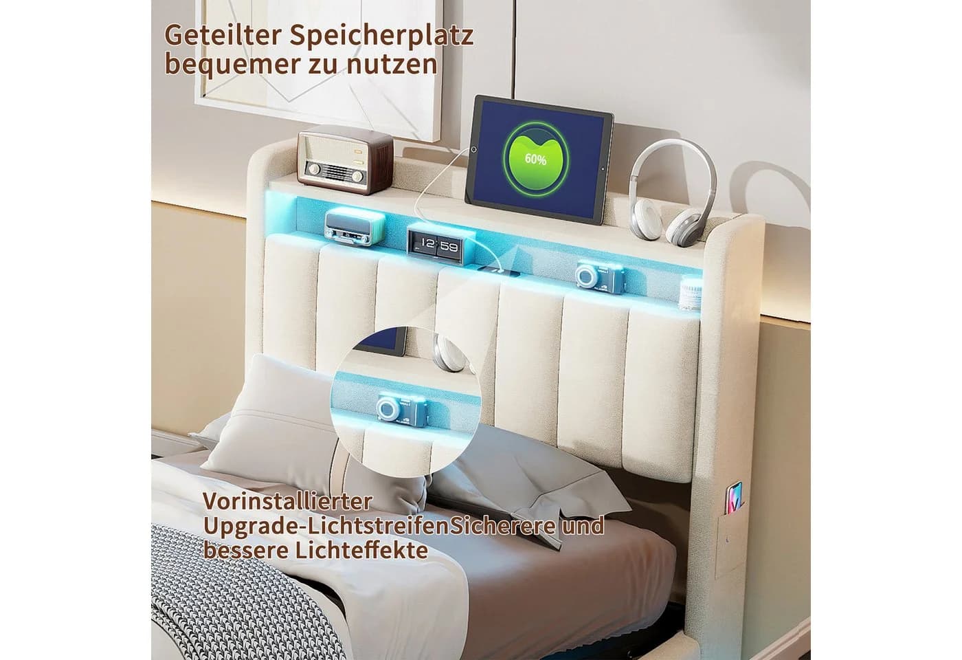 Simurq Polsterbett 90x200 mit Stauraum, LED & USB - Bild 4