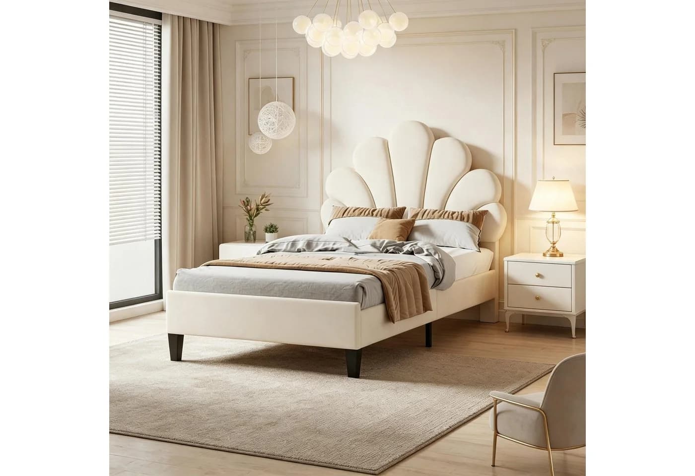 Simurq Einzelbett 90x200 cm Samt Blütenblatt Design Beige - Bild 2